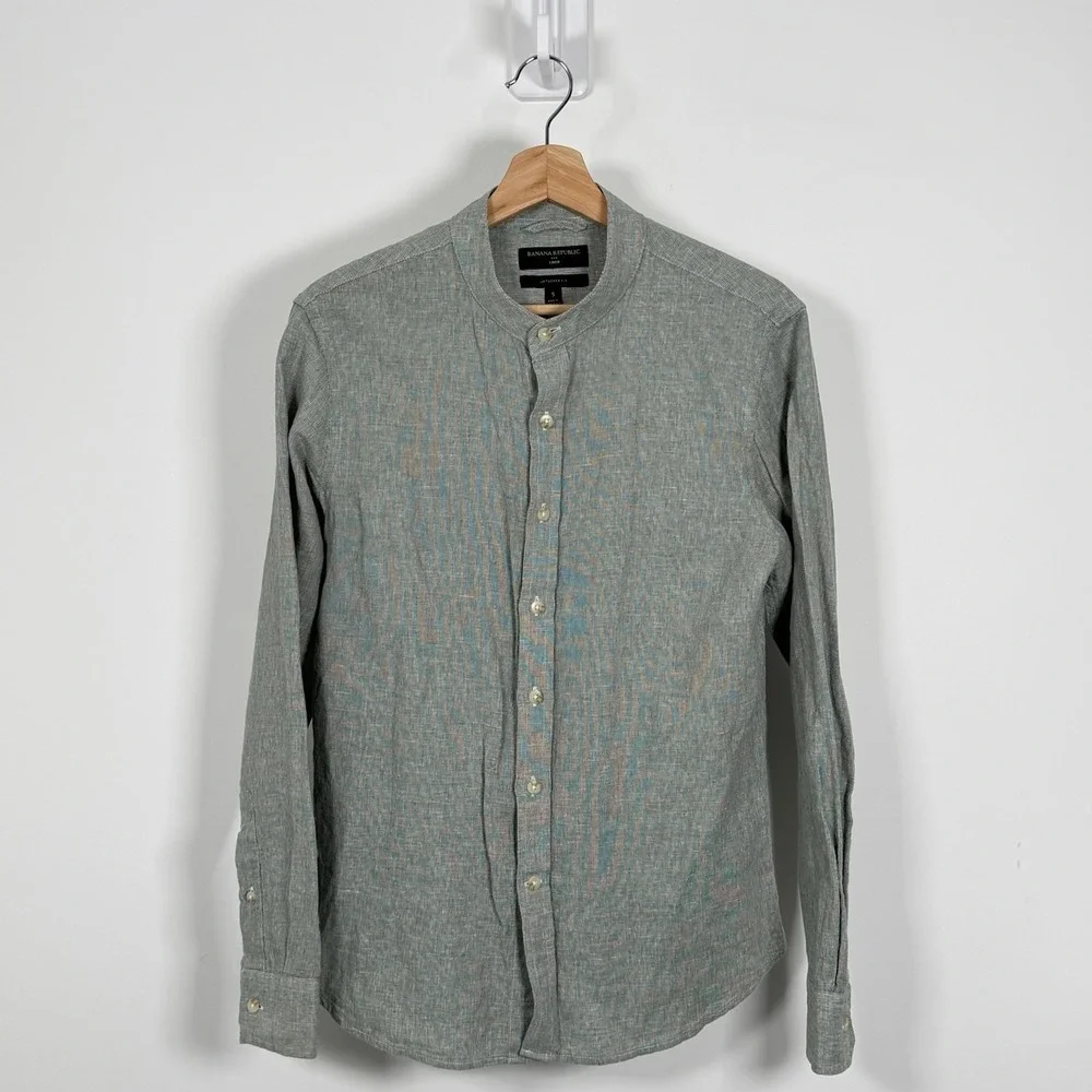 Banana Republic Shirt Men Small Green Check Linen Band Collar Button Up Untucked